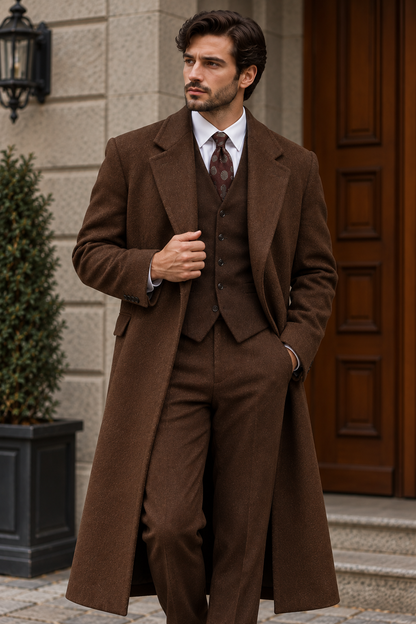 Men’s brown tweed wool long coat with tailored vintage overcoat style