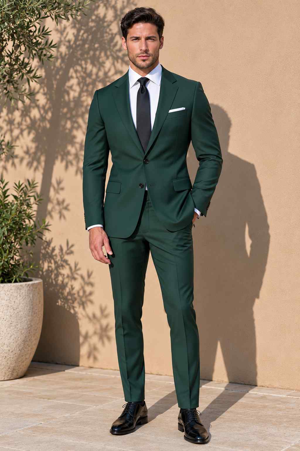 Men’s green 2-piece suit with notch lapel jacket, matching tailored trousers, white shirt, black tie and pocket square.