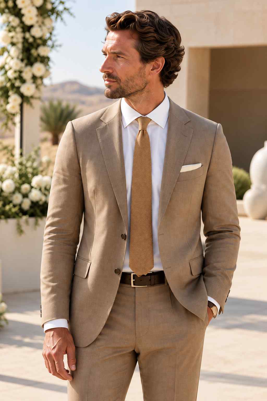 Men’s beige 2-piece suit with matching trousers, white dress shirt, tan tie and pocket square