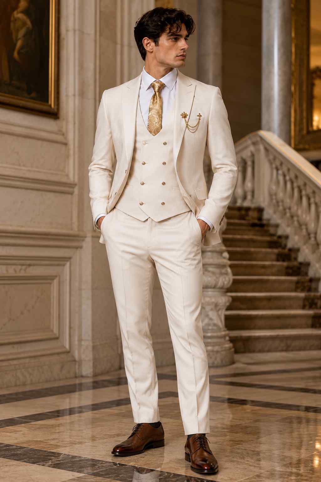 Men’s beige 3-piece groom wedding suit with peak lapel jacket, double-breasted waistcoat, tailored trousers, patterned tie and lapel chain.