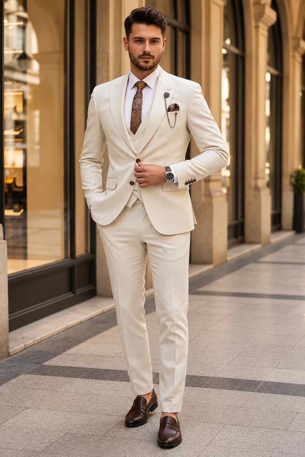 Men’s beige 3-piece suit with peak lapel jacket, matching waistcoat, tailored trousers, white shirt and patterned brown tie.