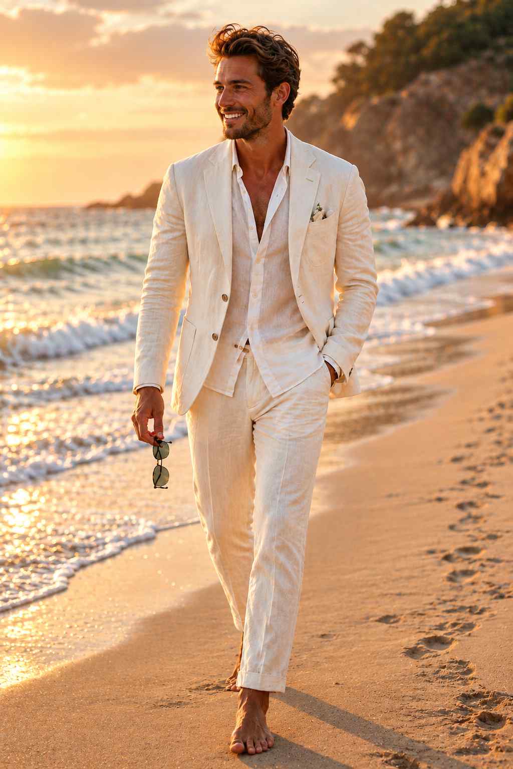 Men’s beige linen 2-piece suit with notch lapel jacket and matching trousers worn on a beach at sunset.