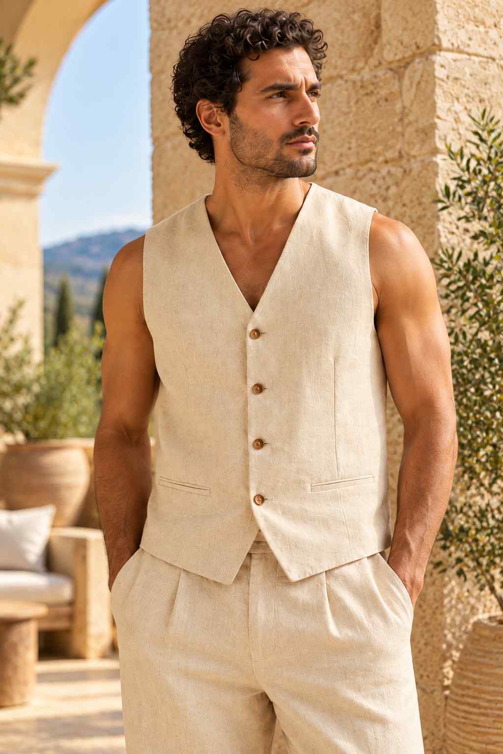 Men’s beige linen vest with V-neck, button front, welt pockets, and tailored pointed hem.