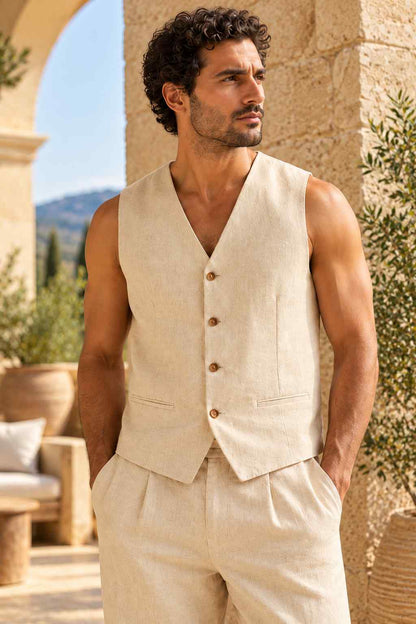 Men’s beige linen vest with V-neck, button front, welt pockets, and tailored pointed hem.