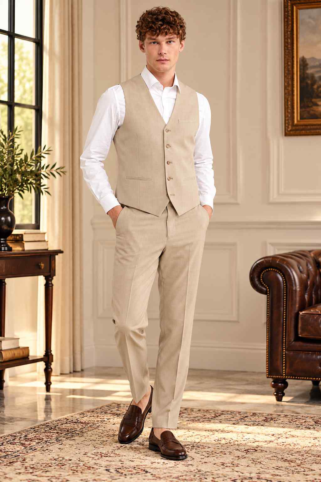 Men’s beige tailored vest with V-neck, button front, chest pocket, welt pockets, and pointed hem.