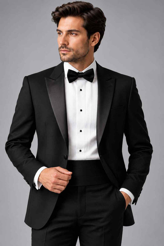 Men’s black 2-piece tuxedo suit with satin lapel, white dress shirt and black bow tie