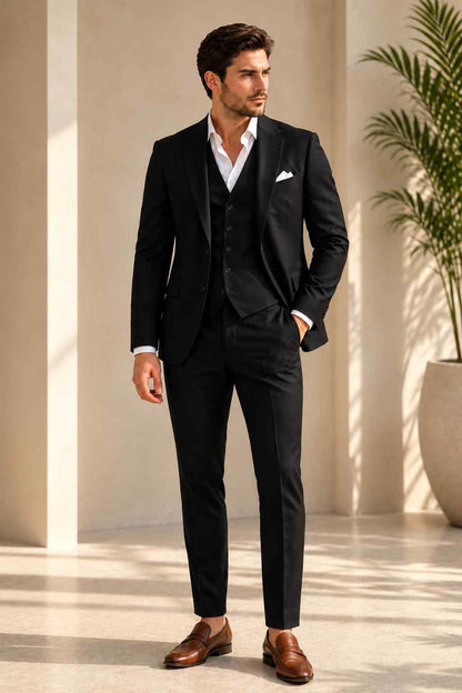 Men’s black 3-piece suit with notch lapel jacket, matching waistcoat, tailored trousers, white shirt and pocket square.