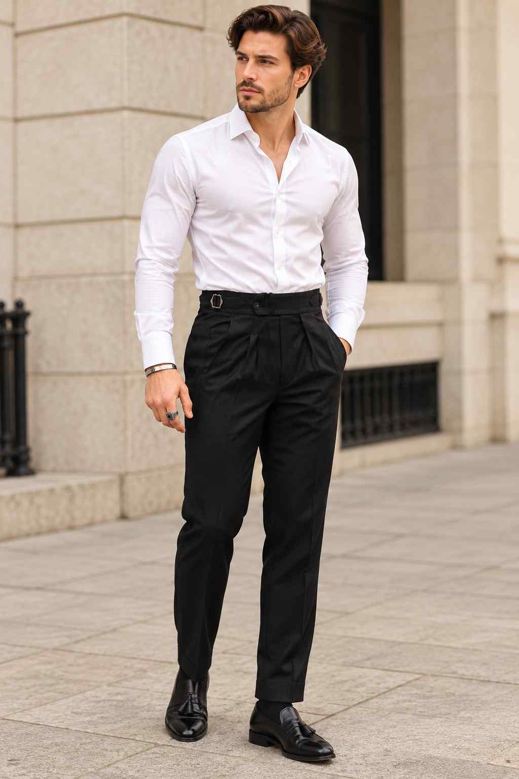 Men’s black Gurkha trousers with high waist, double pleats and adjustable side waistband