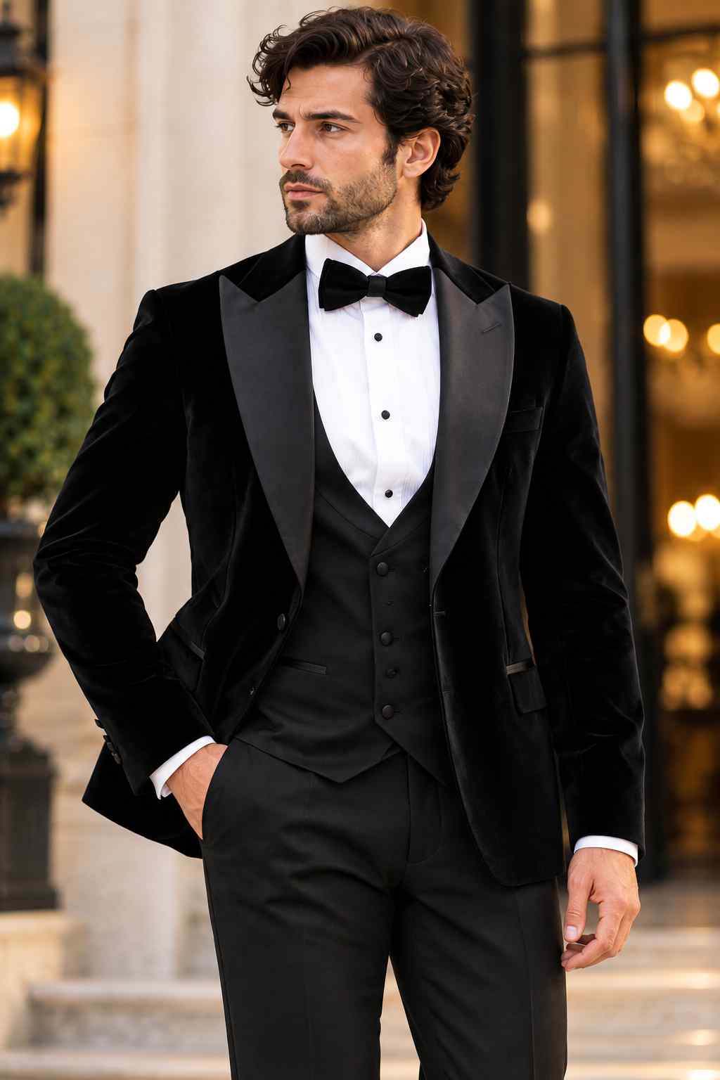 Men's black velvet 3-piece tuxedo suit featuring satin peak lapels, a matching waistcoat, tailored trousers and a black bow tie.