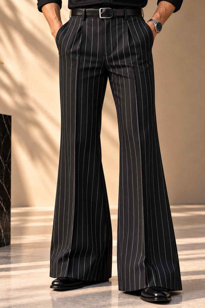 Men’s black wide-leg trousers with white vertical pinstripes and flared silhouette