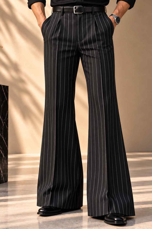 Men’s black wide-leg trousers with white vertical pinstripes and flared silhouette