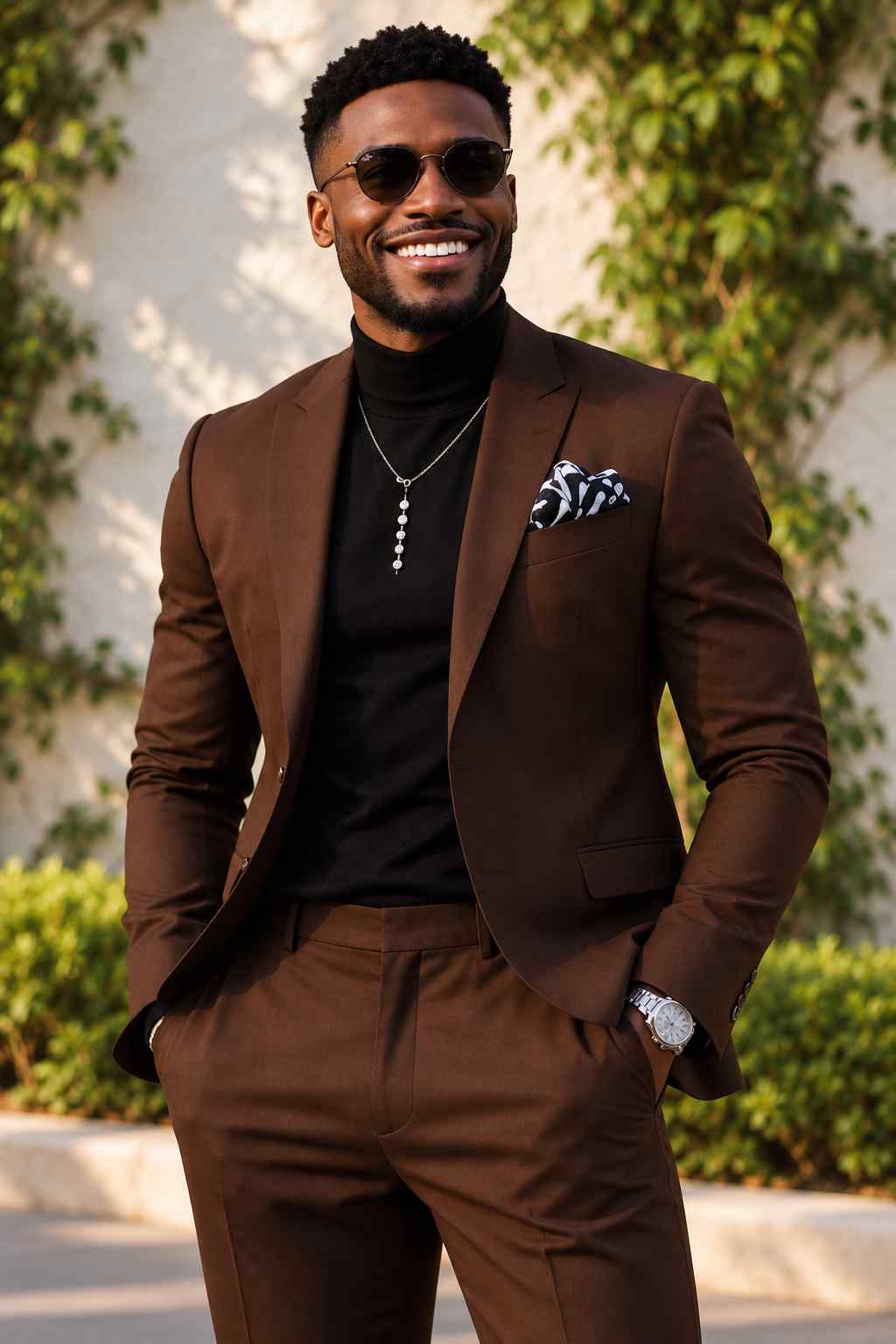 Men's brown 2-piece suit featuring a notch lapel blazer and matching trousers, styled with a black turtleneck and pocket square.