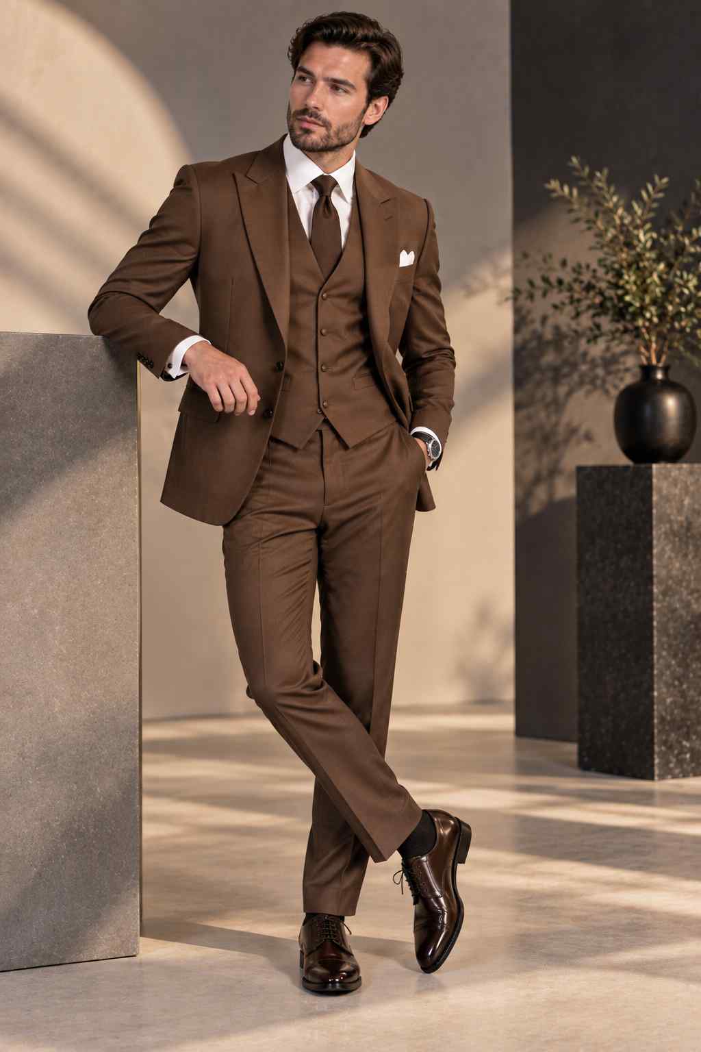 Men’s brown 3-piece suit with notch lapel jacket, matching waistcoat, tailored trousers, white shirt, brown tie and pocket square.