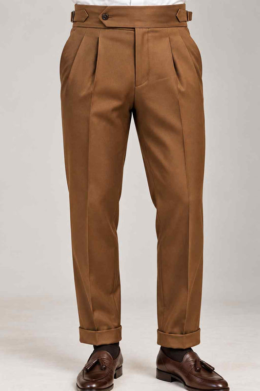 Men’s brown Gurkha style trousers with high waist, double pleats, adjustable waistband and cuffed hems
