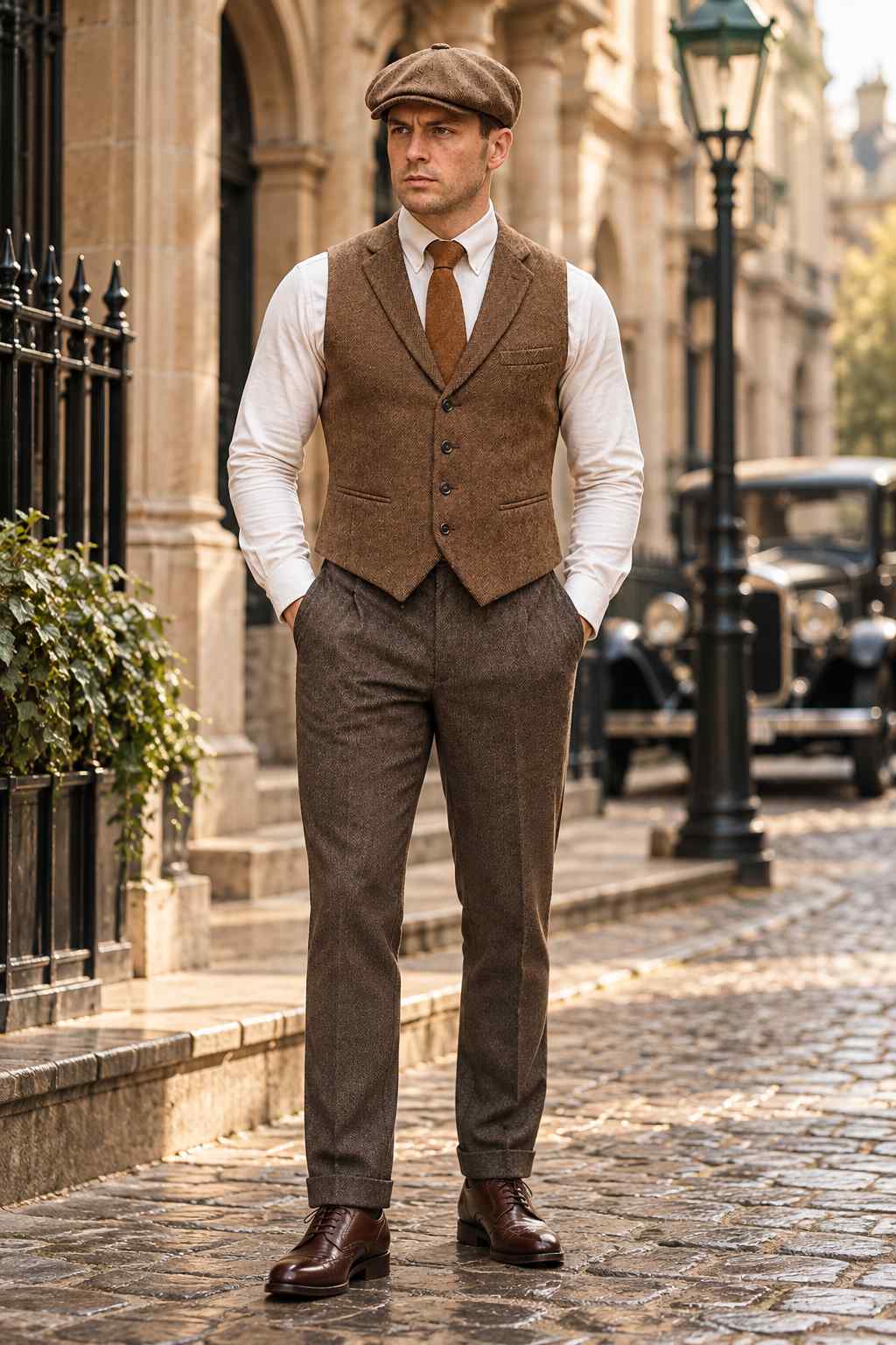Men’s brown herringbone tweed wool vest with classic lapels, button front and welt pockets