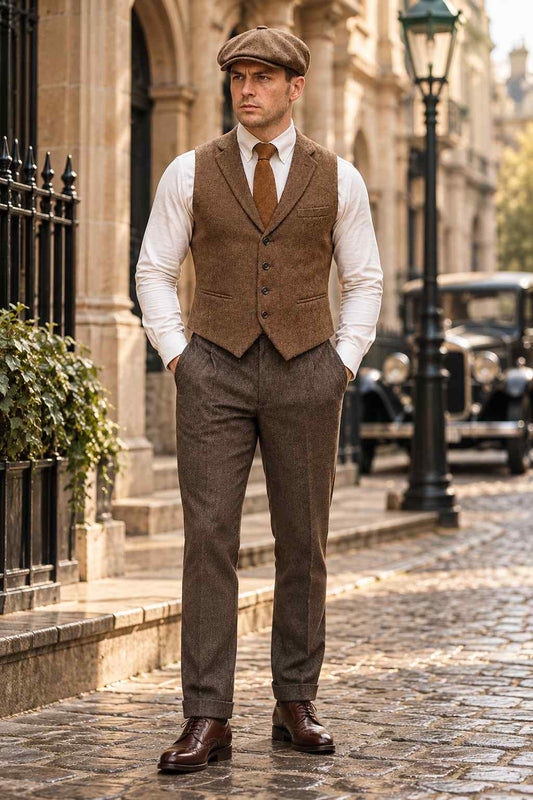 Men’s brown herringbone tweed wool vest with classic lapels, button front and welt pockets