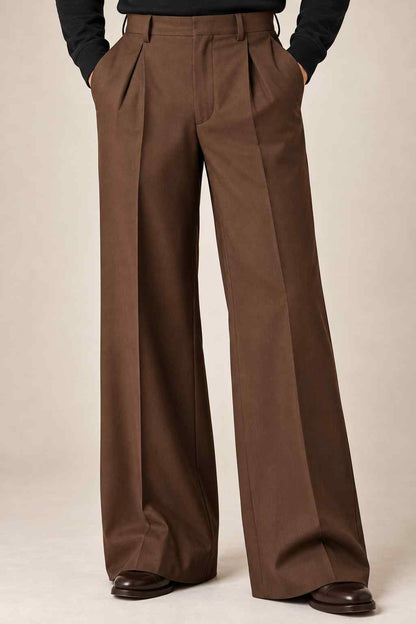 Men’s brown high-waisted wide-leg trousers with double pleats for formal and vintage outfits