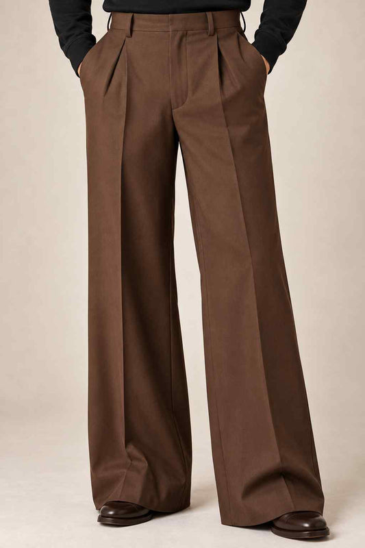 Men’s brown high-waisted wide-leg trousers with double pleats for formal and vintage outfits