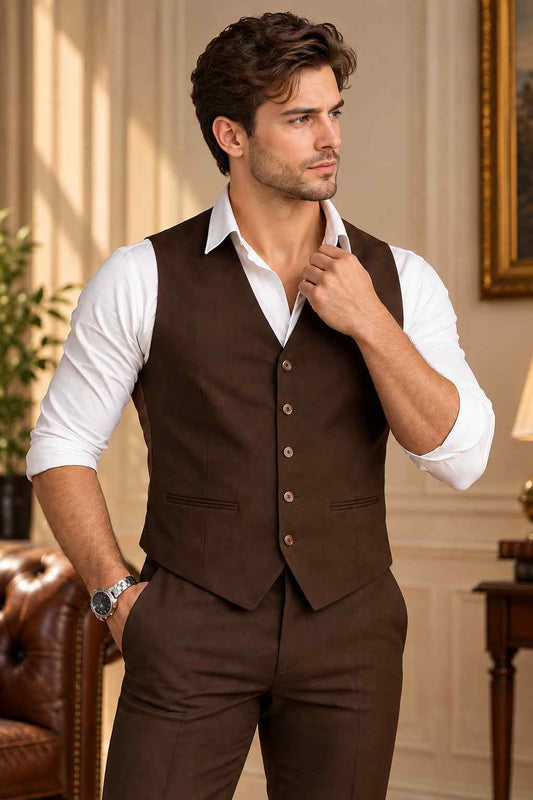 Men’s brown tailored vest with V-neck, button front, two welt pockets, and pointed hem.