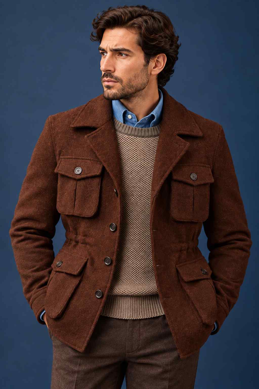 Men's brown tweed blazer with notch lapels, button closure and flap pockets, styled with a cream sweater, dark brown trousers and leather boots.