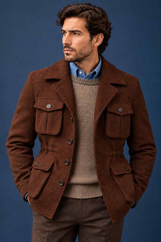 Men's brown tweed blazer with notch lapels, button closure and flap pockets, styled with a cream sweater, dark brown trousers and leather boots.