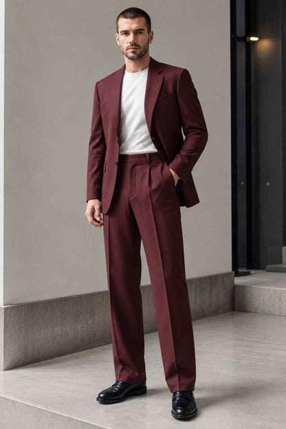 Men's burgundy 2-piece suit with tailored notch lapel blazer and matching trousers, styled with a white T-shirt.