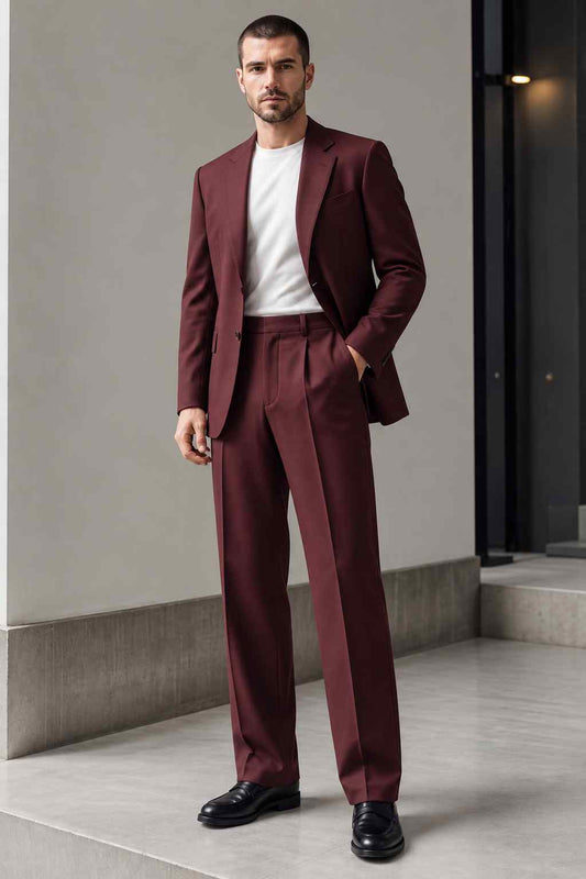 Men's burgundy 2-piece suit with tailored notch lapel blazer and matching trousers, styled with a white T-shirt.