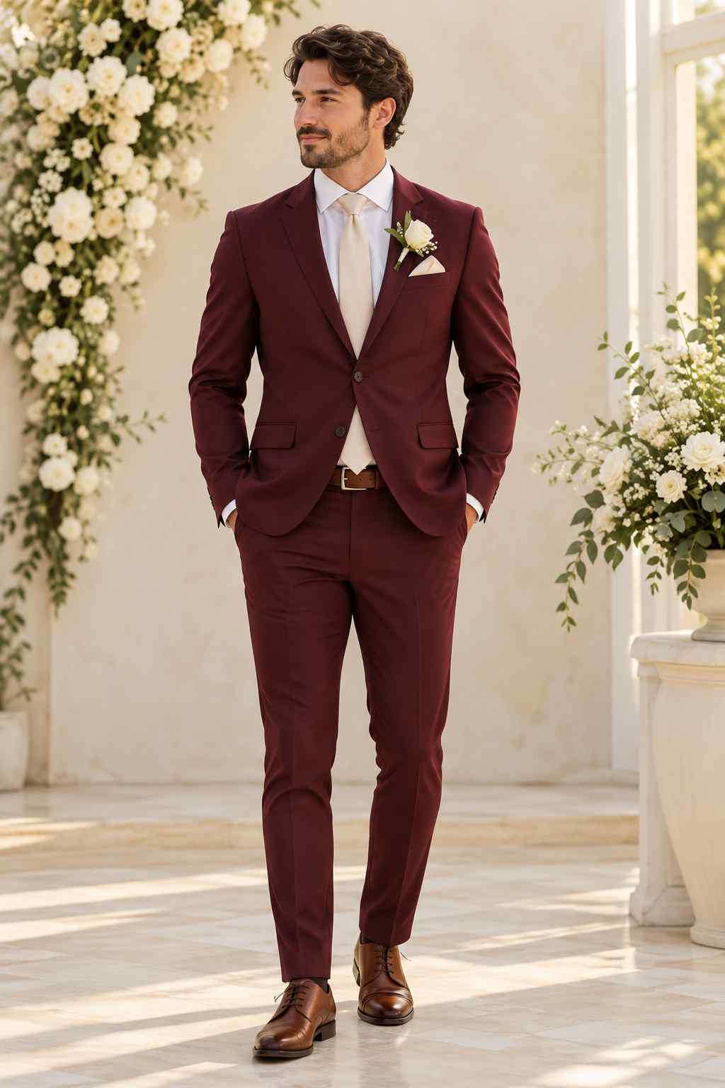 Men's burgundy 2-piece wedding suit with notch lapel blazer, matching trousers, ivory tie and white floral boutonniere.