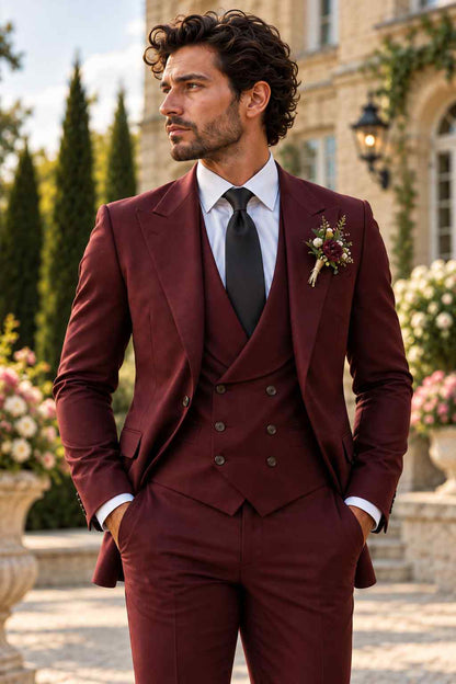 Men's burgundy 3-piece suit featuring a notch lapel jacket, double-breasted waistcoat and matching tailored trousers.