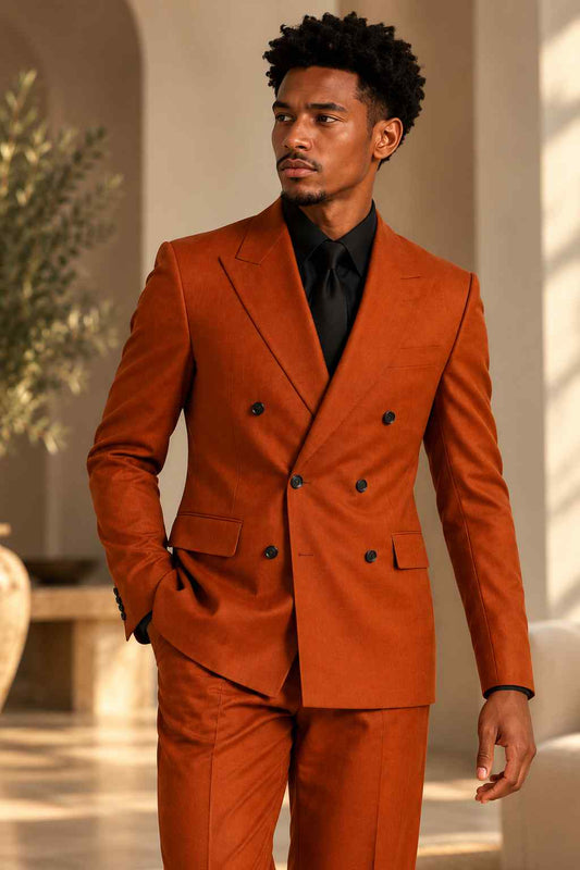 Men's burnt orange 2-piece suit with double-breasted peak lapel blazer and matching trousers, styled with a black shirt and tie.