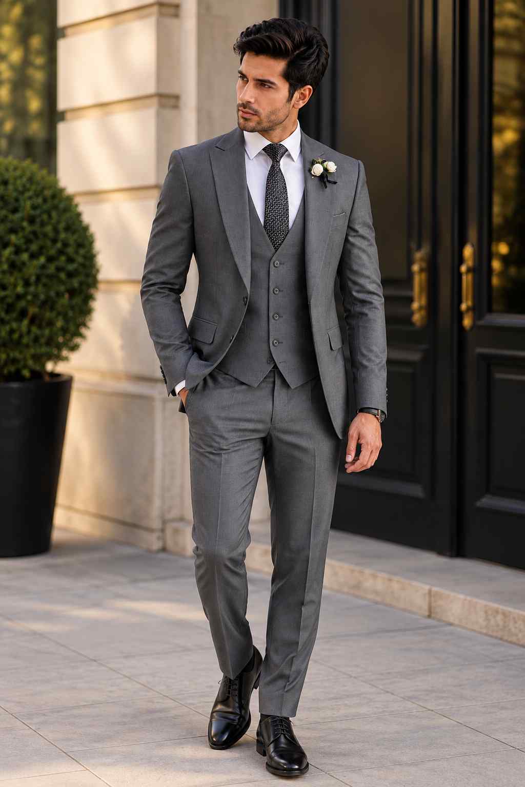 Men’s charcoal grey 3-piece suit with matching waistcoat and trousers for groom wedding and formal events