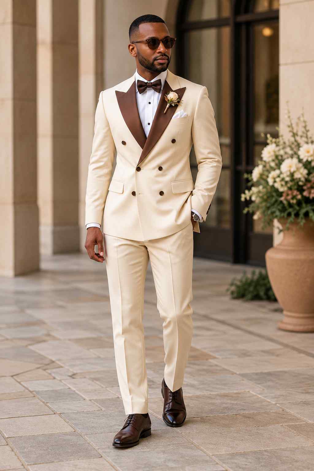 Men's cream 2-piece double-breasted suit with contrasting brown peak lapels, matching trousers and elegant wedding styling.