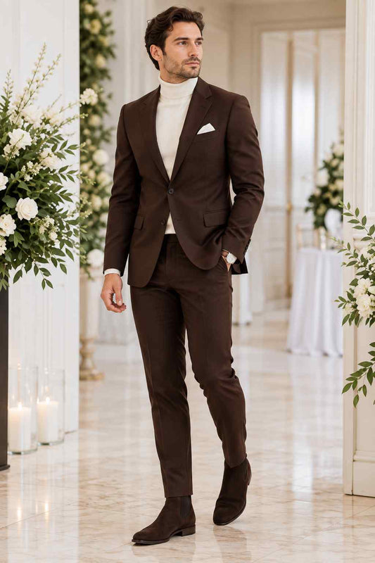 Men's dark brown 2-piece suit with matching tailored jacket and trousers, styled with a white turtleneck.