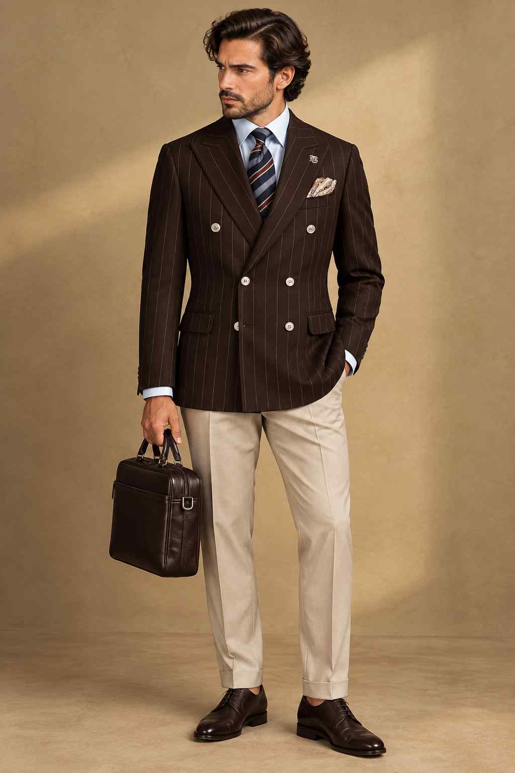 Men's dark brown pinstripe double-breasted blazer with peak lapels, contrasting buttons and a pocket square, styled with a white shirt, striped tie and cream trousers.