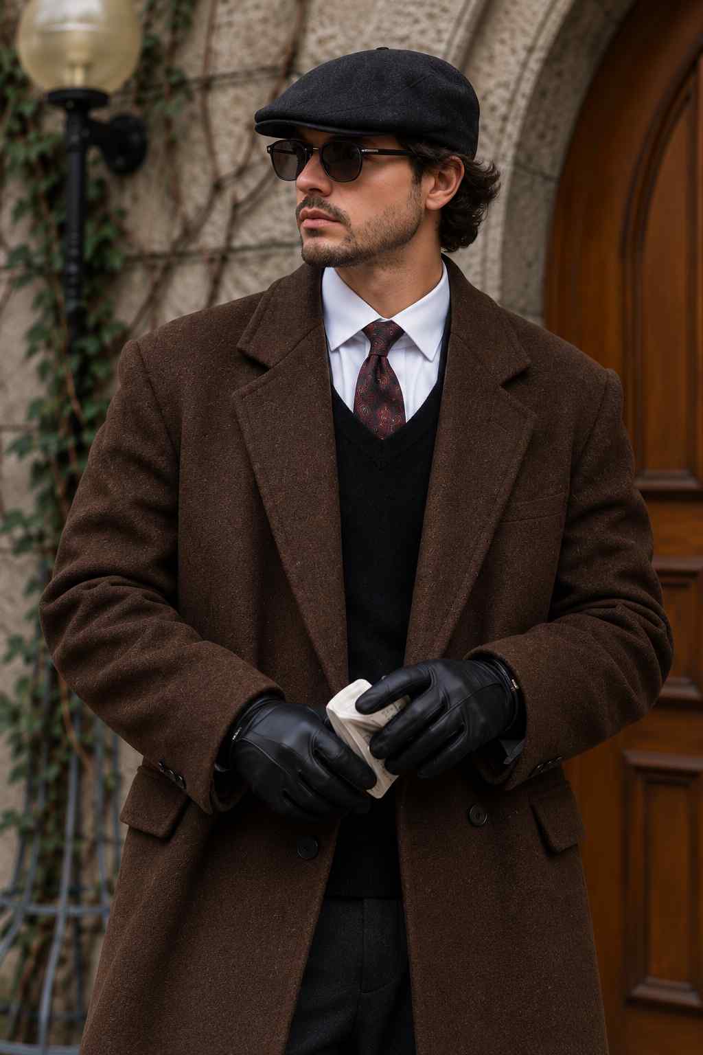Men's dark brown tweed long coat with wide notch lapels, button closure and front pockets, styled with a black sweater and trousers.