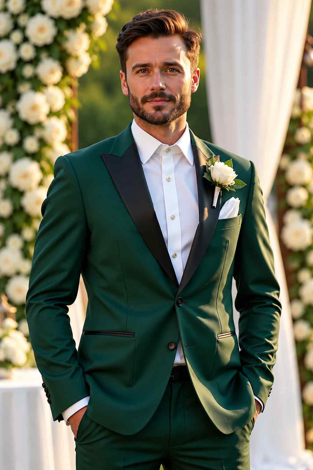 Men’s emerald green 2-piece tuxedo suit with black lapel for groom wedding, prom and formal events