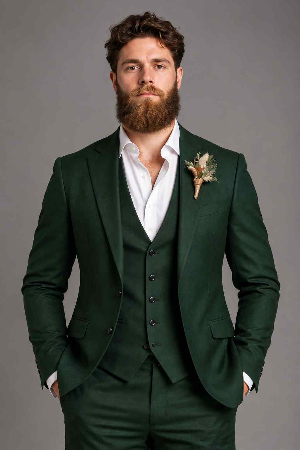 Men’s emerald green 3-piece suit with matching waistcoat, shawl lapel jacket and tailored trousers