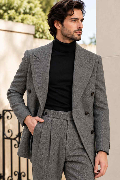 Men’s gray herringbone 2-piece suit with double-breasted jacket and matching trousers