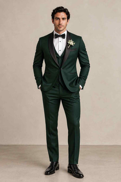 Men’s green 3-piece tuxedo suit with black shawl lapel, matching waistcoat, bow tie and trousers