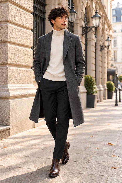 Men's grey tweed long coat with notch lapels, single-breasted button closure and flap pockets, styled with black trousers and a white turtleneck.