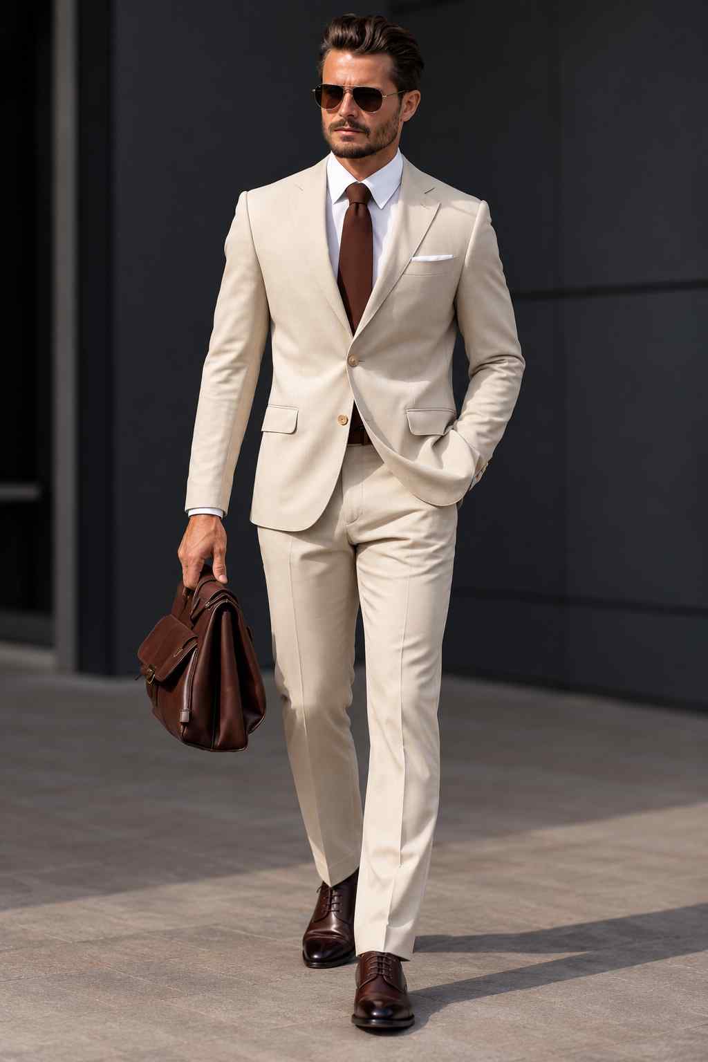 Men's ivory 2-piece suit with a notch lapel blazer, matching trousers, white shirt and brown tie, styled for formal occasions.