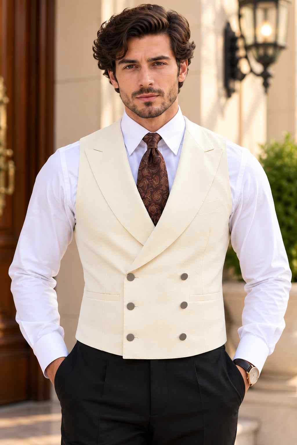 Men’s ivory double-breasted vest with wide shawl lapels, six buttons, welt pockets, and tailored fit.