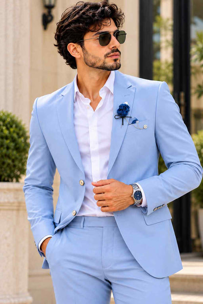 Men's light blue 2-piece suit featuring a notch lapel blazer and matching trousers, styled with a white shirt and blue pocket square.