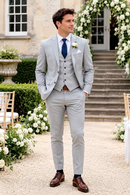 Men’s light grey 3-piece suit with matching waistcoat and trousers for groom wedding and formal events
