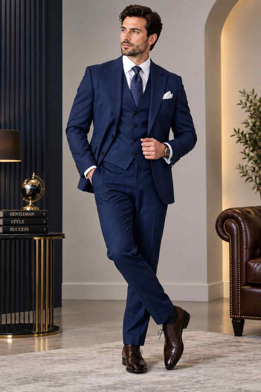 Men’s navy blue 3-piece suit with notch lapel jacket, matching waistcoat, tailored trousers, white shirt and navy tie.