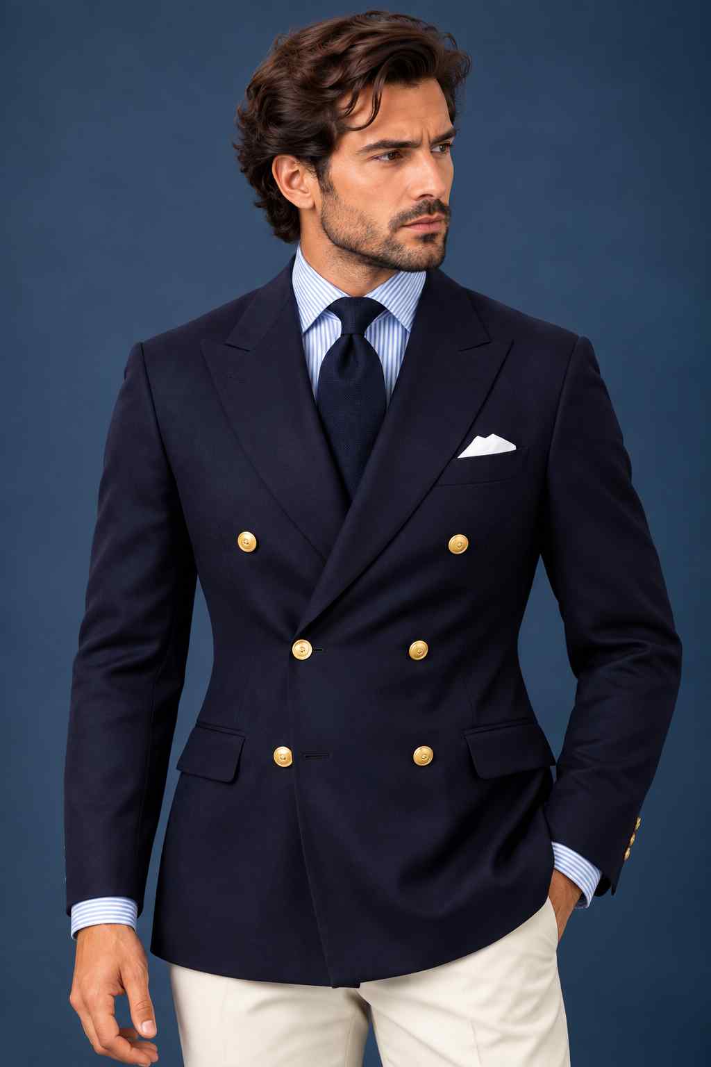 Men's navy double-breasted blazer with peak lapels, gold buttons and a white pocket square, styled with a blue striped shirt, navy tie and cream trousers.