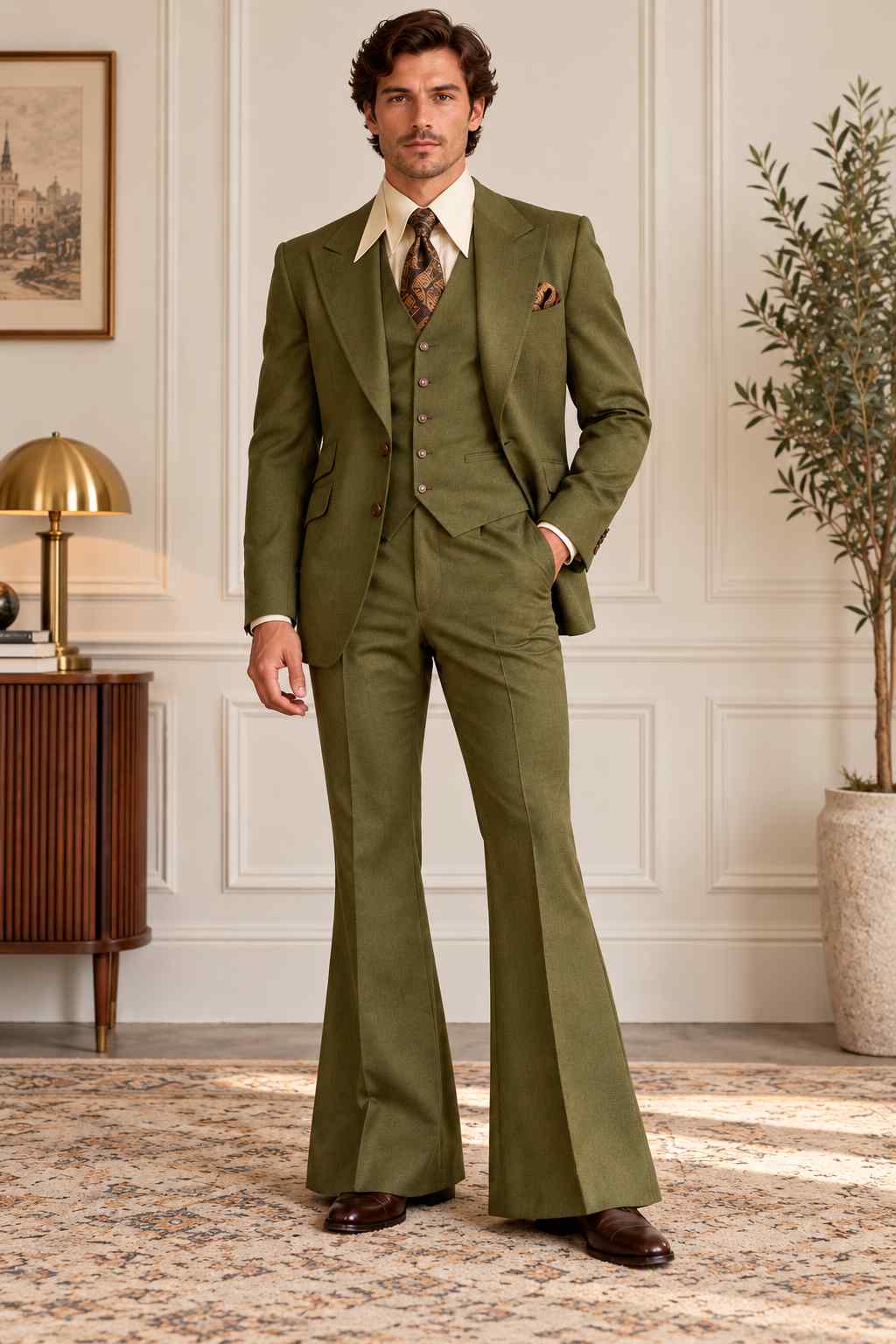Men's olive green 3-piece suit with peak lapel blazer, matching buttoned waistcoat and tailored trousers, styled with a patterned tie.