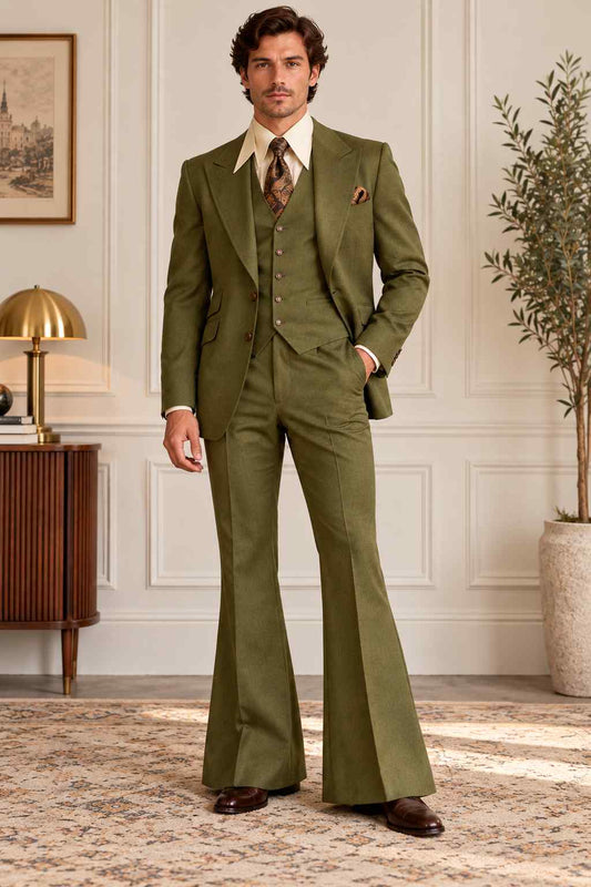 Men's olive green 3-piece suit with peak lapel blazer, matching buttoned waistcoat and tailored trousers, styled with a patterned tie.