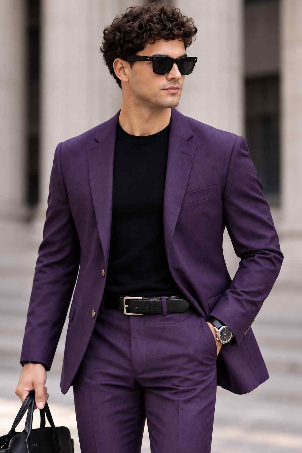 Men's purple 2-piece suit with notch lapel blazer and matching tailored trousers, styled for modern formal wear.