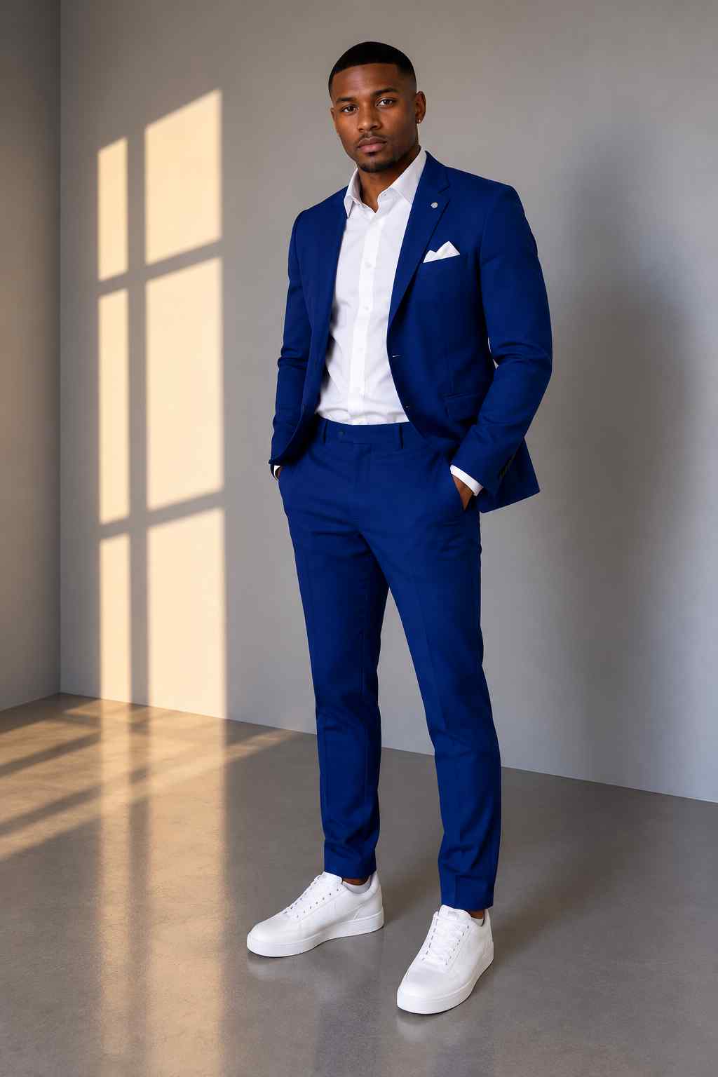 Men's royal blue 2-piece suit featuring a notch lapel blazer, matching trousers, white dress shirt and pocket square.